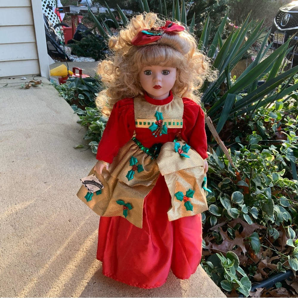 VINTAGE PORCELAIN 16" DOLL BY BRASS KEY HOLLY VICTORIAN HOLIDAY CHRISTMAS